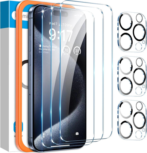 Fotbor [3+3 Pack for iPhone 15 Pro Max Screen Protector with Camera Lens Protector, Tempered Glass Shatterproof Easy Installation Frame, HD Clear ...