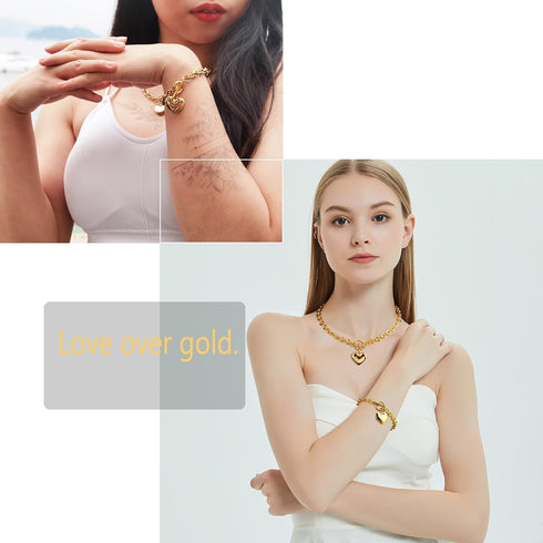 Heart Pendant Necklace and Bracelet Chain Stainless Steel Silver Drop White Jewelry Set...