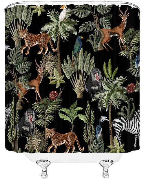 AMFD Jungle Animals Shower Curtain Cheetah Zebra Monkey Antelope Green Tropical Forest Palm Tree Leaves Wildlife Theme Fabric Bathroom Curtains De...