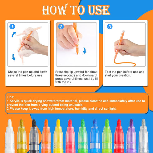 ANTIKE 12 Colors Washable Acrylic Markers Paint Pens Set with 104 Stencils,Acrylic Paint Pens for Rock Painting,Metal,Plastic,Ceramic,Canvas,Wood,...