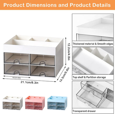 Desk Organizer and Accessories with 4 Compartments and 4 Drawers, Plastic Makeup Organizer, Pen Holder for Desktop Storage, Desk Organization for ...