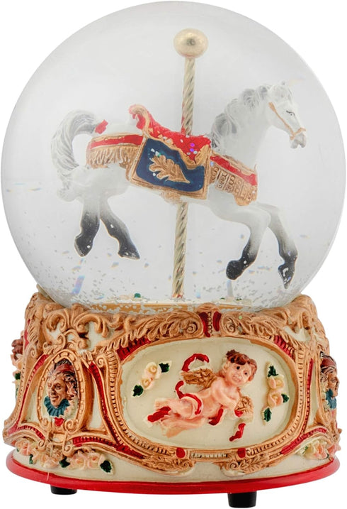 Gilded Gold Tone Cupid and Carousel Horse 100MM Musical Water Globe Plays Tune Unchained Melody...
