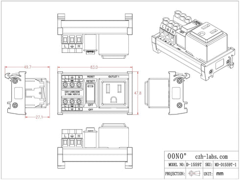 DIN Rail Mount AC 120V NEMA 5-15R Single Receptacle Outlet Power Strip Module, with Rocker Switch Thermal Circuit Breaker Overload Protector...
