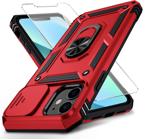 for iPhone 12 Mini Case with Slide Lens Cover, HD Screen Protector, Military Grade Drop Protection, Magnetic Rotated Ring Holder Kickstand Phone C...