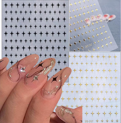 6 Sheets Star Nail Stickers 3D Star Nail Supplies Self Adhesive Black and White Star Nail Art Stickers Star Nail Design Laser Gold Flash Star Nail...