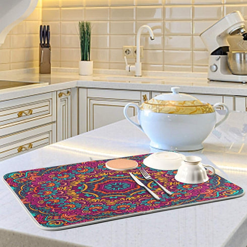 Boho Ethnic Dish Drying Mat Bohemian Mandala Paisley Kitchen Countertop Mat 16 x 18 Inch Absorbent...