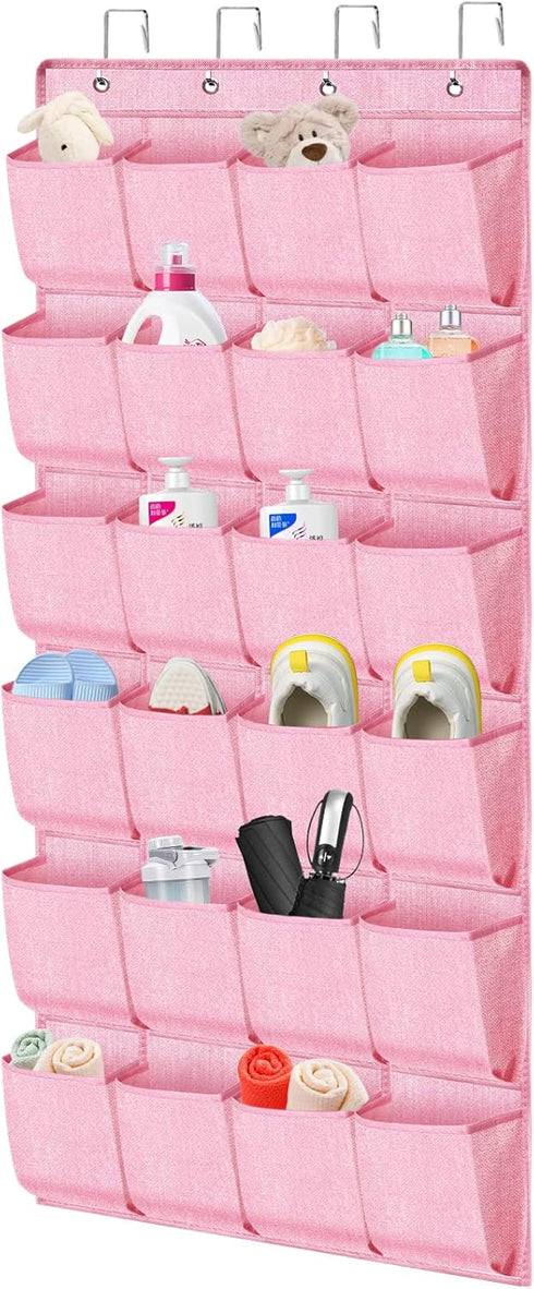 Pink Shoe Organizer Over the Door for Girls Women Kids Room,Hanging Shoe Rack Organizer for Closet Door,Zapateras Storage Holder with 24 Large Poc...