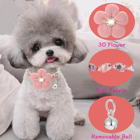 Small Dog Collar with Flower, Puppy Collar for Girl Dog Collars for Small Dogs Cute Dog Collar with Bell, Adjustable Length (Pink)...