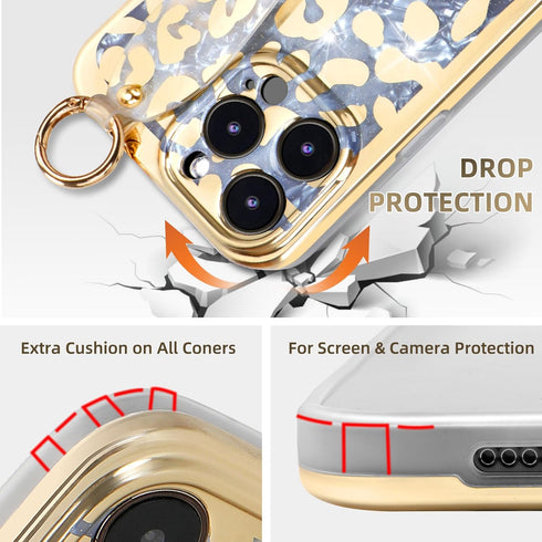 for iPhone 13 Pro Wrist Band Kickstand Cover Case Cheetah Print Ultra Slim IMD Shockproof Protection Holder Cover Case for Apple iPhone 13 Pro 6.1...