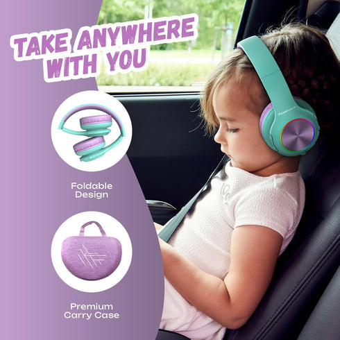 PowerLocus PLED Kids Bluetooth Headphones, Kids Wireless Headphones with LED Lights, 74/85/94dB Safe Volume, Micro SD, AUX Cable, Hi-Fi Stereo, Bu...