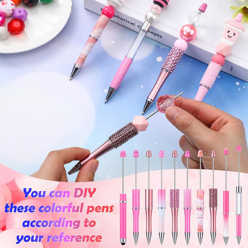 10 Pcs Pink Beadable Pen Bulk Diamond Rhinestone Beadable Pens 2 in 1 Stylus Bead Pen Empty Tube Floating DIY Pens Plastic Black Ink Ballpoint Pen...