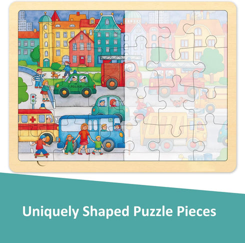 Wooden Puzzle for 3 Year Old with Picture Underneath, 24 Piece Puzzles for Kids Ages 3-5 Traffic Theme, Unique Shape Jigsaw Pieces Preschool Toddl...