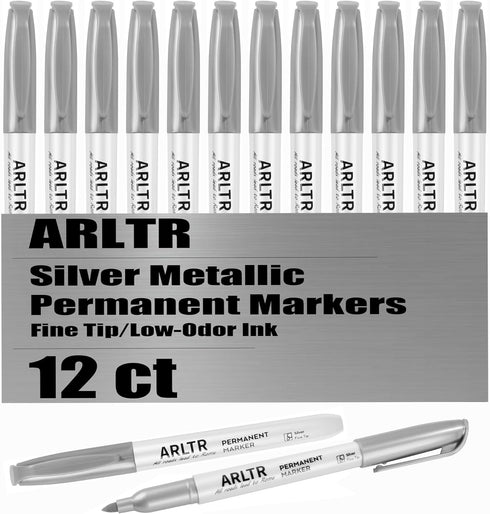 Silver Metallic Permanent Markers, 12 Pack Silver Metallic Marker Pens for Artist Illustration, Industrial Marking, DIY Crafts, Gift Card Making...