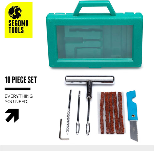 Segomo Tools 10 Piece Universal Flat Tire Puncture Repair Kit for Motorcycles, Cars, Jeep, Trucks, ATV | Motorcycle Tire Plug | Car Tire Repair Ki...