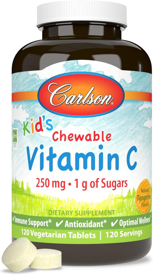 Carlson - Kid's Chewable Vitamin C, 250 mg, 1 g of Sugars, Immune Support & Optimal Wellness, Antioxidant, Tangerine, 120 Vegetarian Tablets...