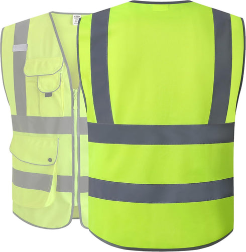 JKSafety 9 Pockets Class 2 High Visibility Zipper Front Safety Vest With Reflective Strips,Meets ANSI/ISEA Standard (Large, 150-Yellow)...