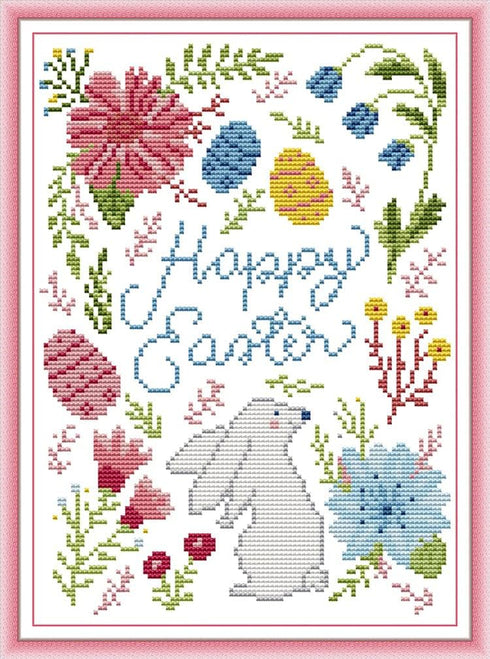 Amiiba Stamped Cross Stitch Kits, Happy Easter Animal Rabbit Flower DIY 11CT 10.6x15.3 inch (Easter)...