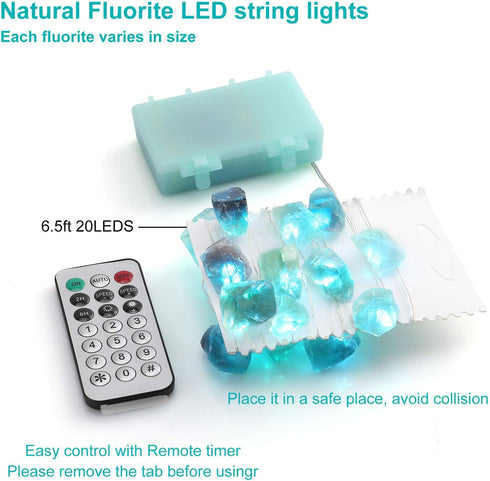 Natural Fluorite String Lights Raw Crystal Decorative Lights Healing Cluster Lit 20 LEDs 6.5ft with Remote Control, Hanging Ornaments Decor Batter...