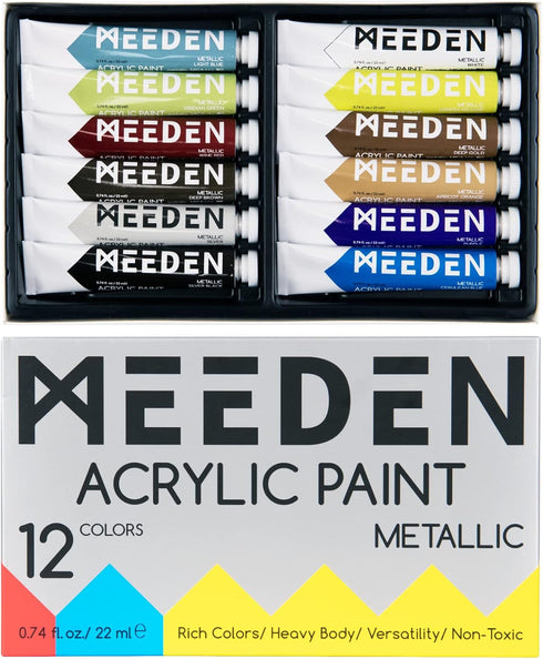 MEEDEN Metallic Acrylic Paint, Set of 12 Vibrant Colors Acrylic Tubes 0.74oz/22ml, Heavy Body Non Toxic Art Craft Paints for Artists, Kids & Begin...