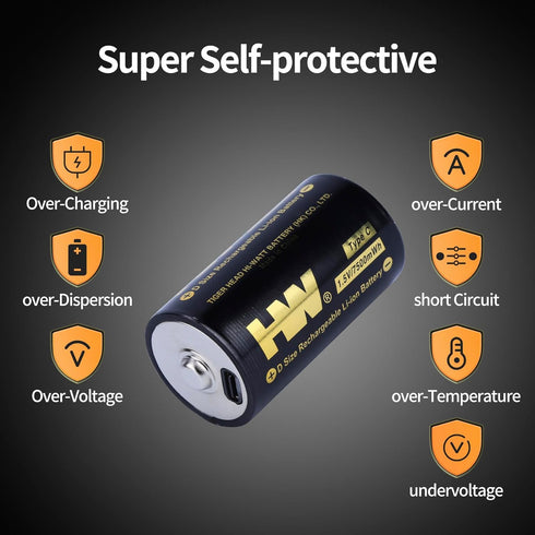 HW USB-C Rechargeable 1.5V Lithium D Batteries, 2-Pack 5000mAh/7500mWh Fast Charging with Over 1000 Cycles D Cell Long Lasting Lithium Batteries f...