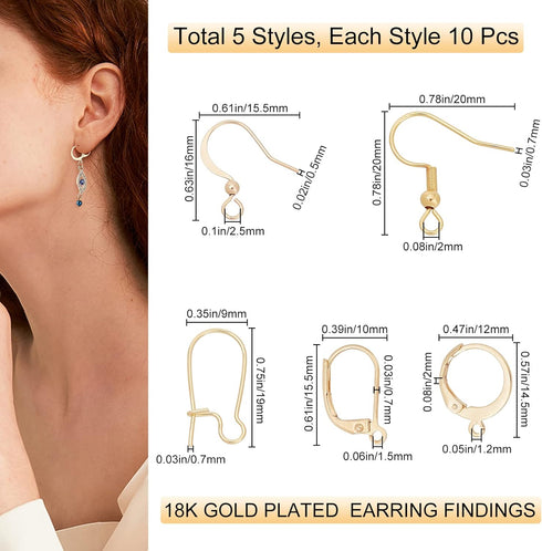 Beebeecraft 1 Box 50Pcs 5 Style Earring Hooks with Loop Hole 18K Gold Plated Earring Making Kit Leverback Huggies Earwire for Jewelry Earring Maki...