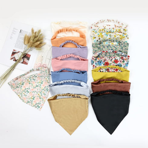 Lawie 15 Pack Large Solid Colorful Floral Bandana Headband Triangle Satin Silk Blank Plain Boho Hair Scarf Headbands Elastic Kerchief Neckerchief ...
