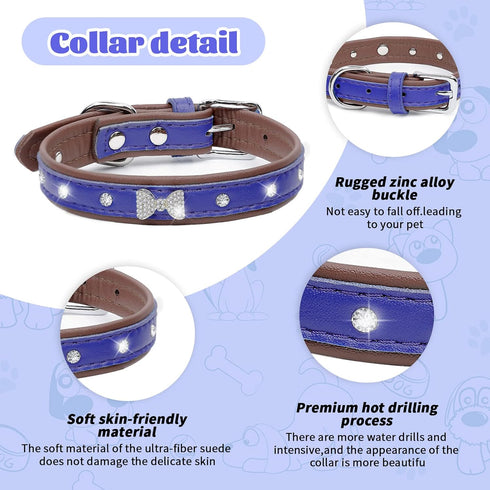 Pet Bling Accessories Cat and Dog Rhinestone Collar PU Leather Adjustable Collar (Medium, Navy Bule)...