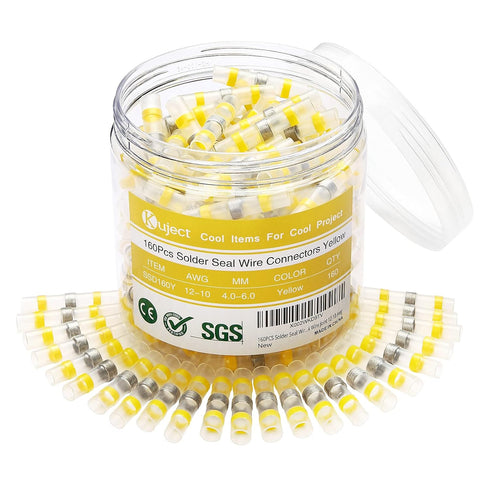 Kuject 160PCS Yellow Solder Seal Wire Connectors, Waterproof Self Solder Heat Shrink Butt Connector Solder Sleeve Electrical Butt Splice for Autom...