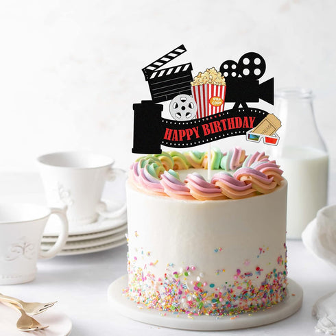 Movie Happy Birthday Cake Topper, Hollywood Oscar Theme Cake Decorations- Film Projector Party Decor - Popcorn Theater Birthday Party Cake Decorat...