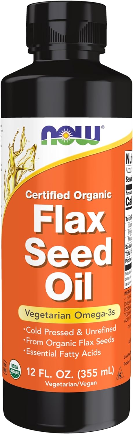 NOW Supplements, Certified Organic Flax Seed Oil Liquid, Cold-Pressed and Unrefined, 12-Ounce...