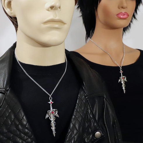 Dragons Wrapped Around Sword Medieval Renaissance Silver Finish Pendant Necklace...