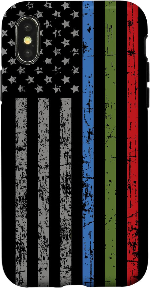 iPhone X/XS Police Military and Fire Thin Blue Green Red Line Flag Case...