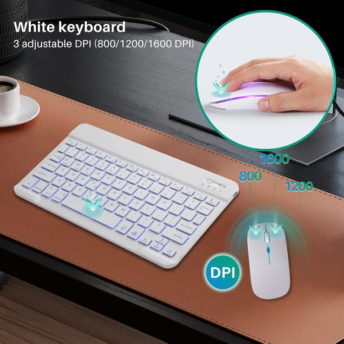 Ultra-Slim Bluetooth Keyboard and Mouse Portable Mini Wireless Keyboard Rechargeable 7-Color Backlit for Apple iPad iPhone Samsung Tablet iPhone S...