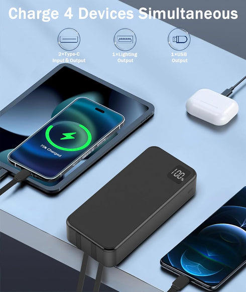 Portable Charger 20000mAh Power Bank -Portable Battery with 2 Built in Cables PD QC4.0 22.5W Fast Charging Battery Pack Phone Charger for iPhone 1...