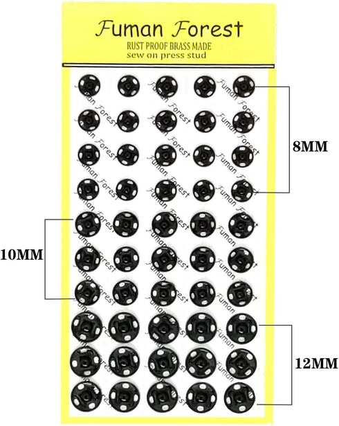 Fuman Forest 100 Sets Sew-on Snap Buttons Metal Snaps Fasteners Press Studs Buttons for Sewing, 8.5 mm,10 mm & 12mm,Black & Silver, (Fuman-034)...