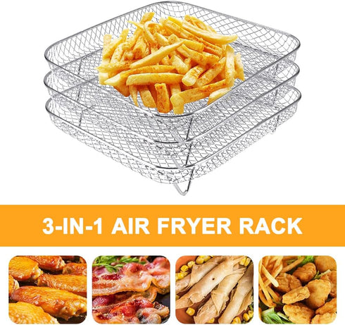 Square Air Fryer Rack,3 Layer Stainless Steel Stackable Dehydrato-r Rack with An-ti-scalding Clip,Stainless Steel Multi-Layer Dehydrato-r Rack Air...