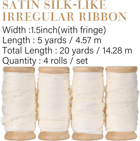 Mindsoft 20 Yard Silk Satin Irregular Frayed Ribbon 1.5" Wide Handmade Fringe Ribbon with Wooden Spool for Craft Gift Wrapping Baby Shower Wedding...