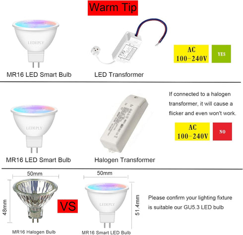 Zigbee MR16 Smart Bulbs, Compatible with hu*e*, Alexa, Google & ConBee (Hub Required), 5W, GU5.3 LED WiFi Bulb, 5W(50W), Dimmable LED AC/DC 12V, C...