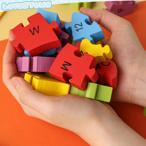 LovesTown Rooster Wooden Puzzle, 26PCS Jigsaw Puzzle Alphabet and Number Puzzles Wooden Building Blocks for Kid Toddlers Preschool...
