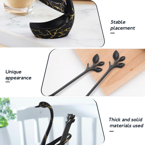 Black Swan Base Holder with 12-Pieces 4.7-inch Small Coffee Spoons,Leaf Handle Set Spoons Creative Dinnerware Set (Black & Gold)...