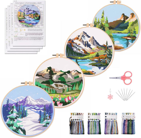 HILYPINK 4 Set Embroidery Kit for Beginners, Cross Stitch Kits for Adults with Floral Pine Scenery Mountain Pattern Hand Crafts Include Embroidery...