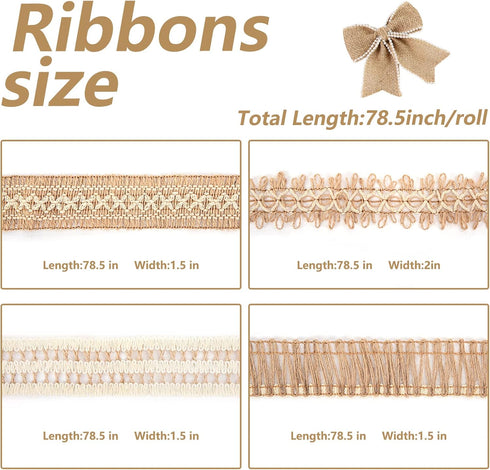 VGOODALL 16 PCS Natural Burlap Flowers Set, Including 12 PCS Handmade Lace Burlap Flowers and Bowknots, 4 Rolls Burlap Ribbon for Christmas Birthd...