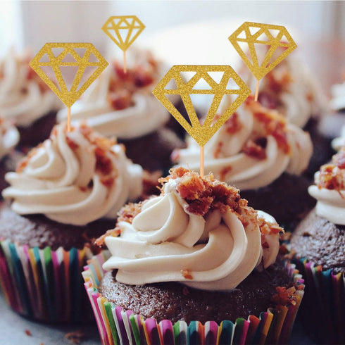 Topoox 50 Pack Gold Glitter Diamond Ring Donut Toppers Cupcake Picks for Bridal Shower Engagement Party Decorations...