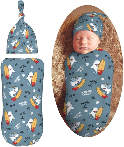 Cool Shark Tree Newborn Swaddle Blankets Hat Sets Soft Baby Receiving Blanket Swaddle Sack for Baby Shower Infant Boy Girl Gift...