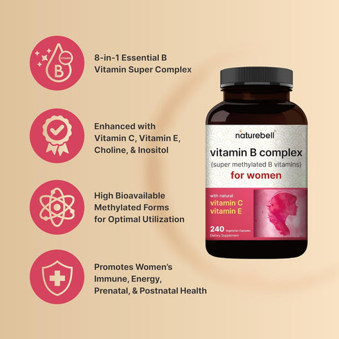 Vitamin B Complex for Women, 240 Veggie Capsules | Super Methylated B Vitamins | B 12, Folate, Biotin & More – with Natural Vitamin C, E, Choline,...