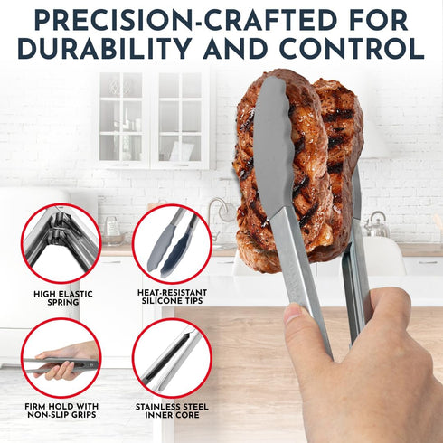 Kitchen Tongs for Cooking with Silicone Tips, Heat Resistant Tongs for Serving Food, 7-Inch, 9-Inch, 12-Inch Locking Silicone Tong, Set of 3 Salad...