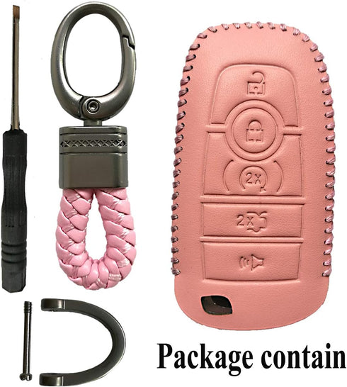 Pink Leather 5 Buttons Key Fob Case Case Remote Skin Holder Protector Jacket for 2017 2018 2019 2020 2021 2022 2023 2024 Ford Bronco Mustang Fusio...