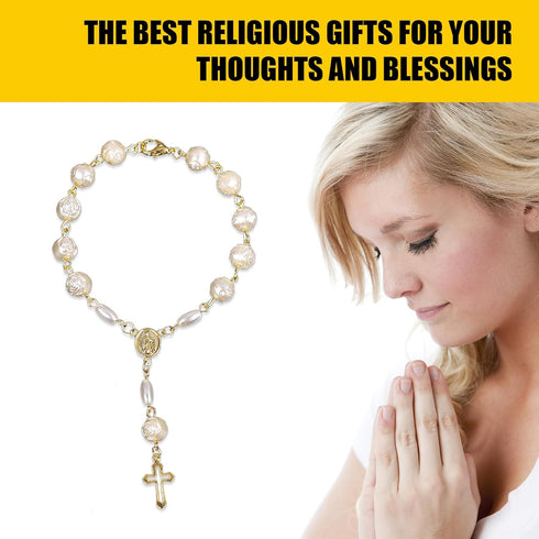 2 PCS Car Rearview Mirror Rosary Pendant, Rose Bead Christening Hollow Cross Bracelet, Creative Fashion Exquisite Bead Decoration, for Most Car, T...