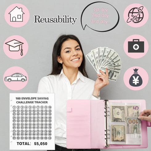 100 Envelopes Money Saving Challenge Binder, A5 Money Saving Challenge Book with Cash Envelopes, Savings Challenges Budget Book Binder to Save $5,...