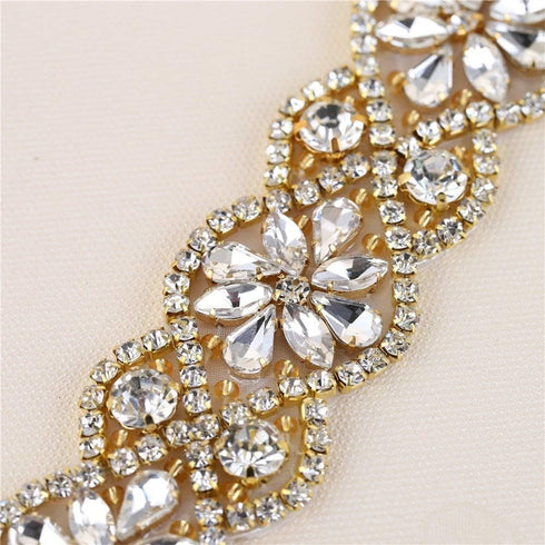 Gold Rhinestone Belts Crystal Wedding Dress Sash Applique with Beaded Jeweled Sequin Diamond Embellishments Hot Fix Iron on for Bridal Bridesmaid ...